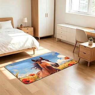 Oil Painting Horse Flowers Sea Flannel Doormat 24x36, Super Soft Non-Slip Floor Mat for Home Entrance Kitchen Bedroom Bathroom
