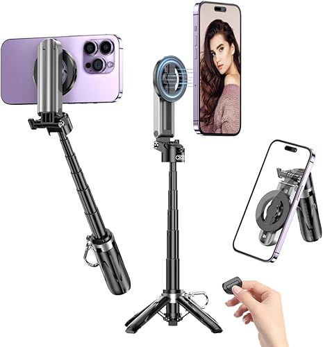 Trípode magnético para iPhone con control remoto, palo selfie portátil 4 en 1 con soporte extensible, trípode de viaje para teléfono 16 15 14 13 12