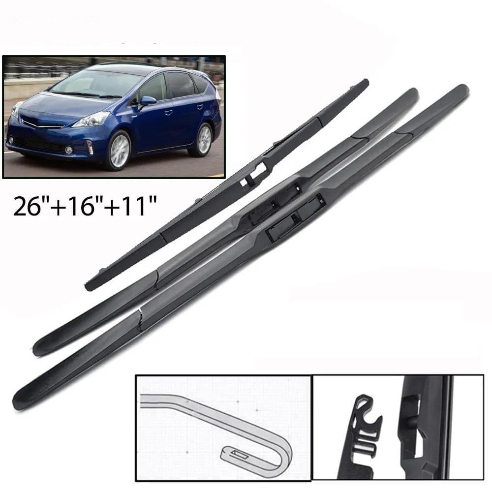 Escobilla de limpiaparabrisas trasera Juego de escobillas limpiaparabrisas delanteras y traseras para Toyota para Prius para Plus/para Prius+ 2011-2016, parabrisas, ventana de 26"+16"+11" escobillas d