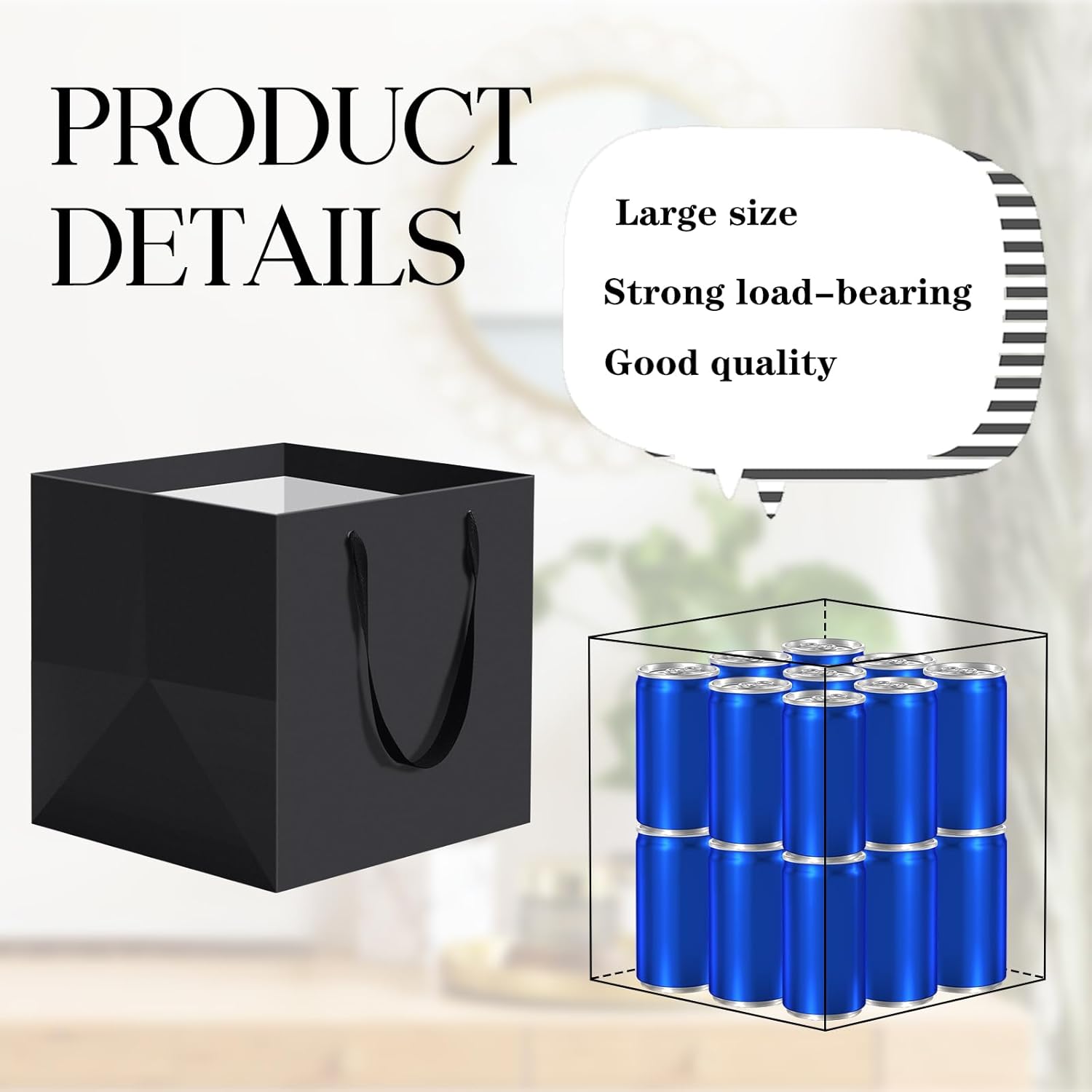 Tenceur 50 Pack Black Gift Bags with Handles 10 x 10 x 10 Inches Square Reusable Gift Paper Bag Wrap Black Shopping Containers for Present Wedding Birthday DIY Presents Doll Party Favor - Image 2
