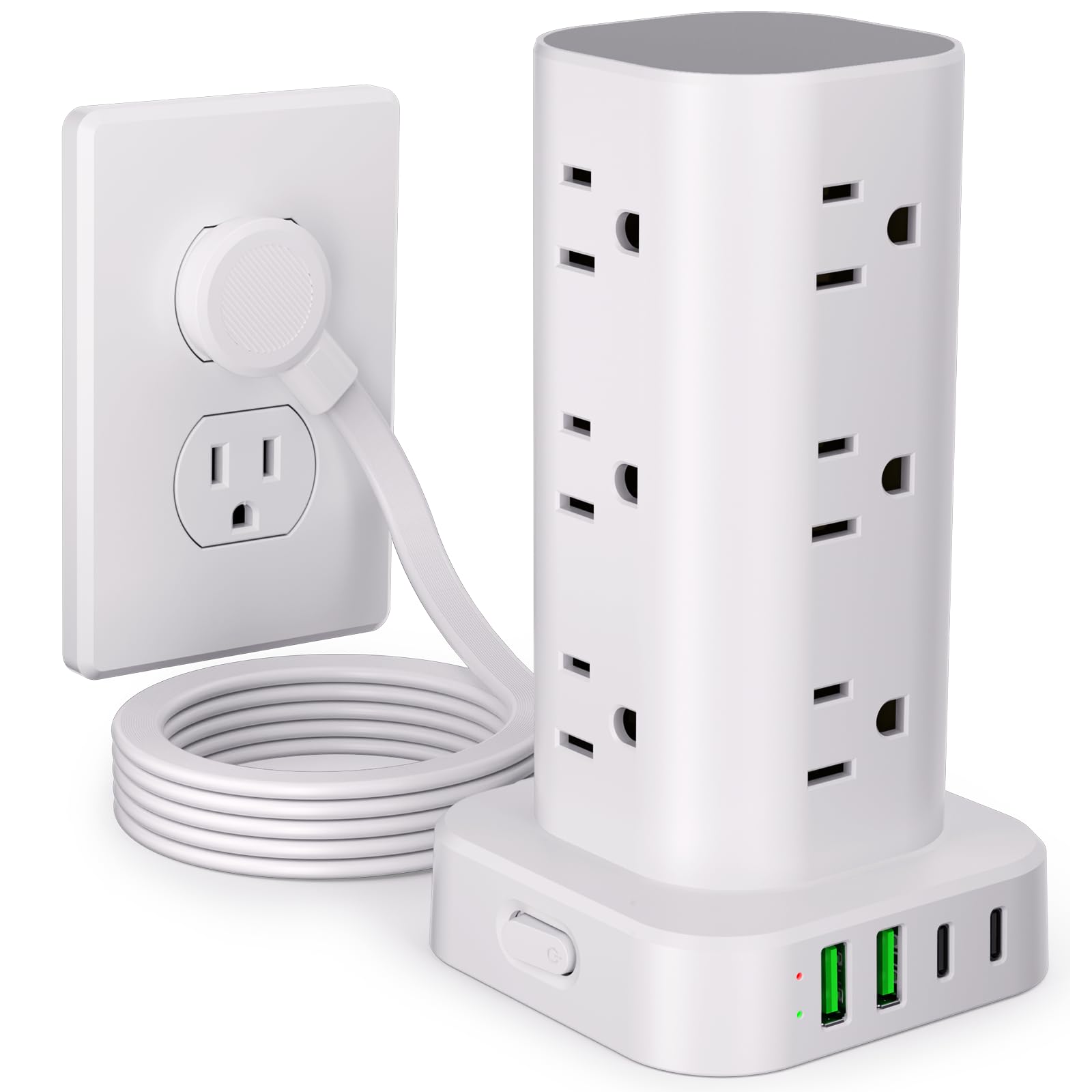 Power Strip Tower with Multiple Outlets, Flat Plug Surge Protector Tower Extension Cord with 12 AC Outlets 4 USB Ports (2 USB C), 6FT Cord Power Tower Surge Protector for Home Office Dorm Room, White