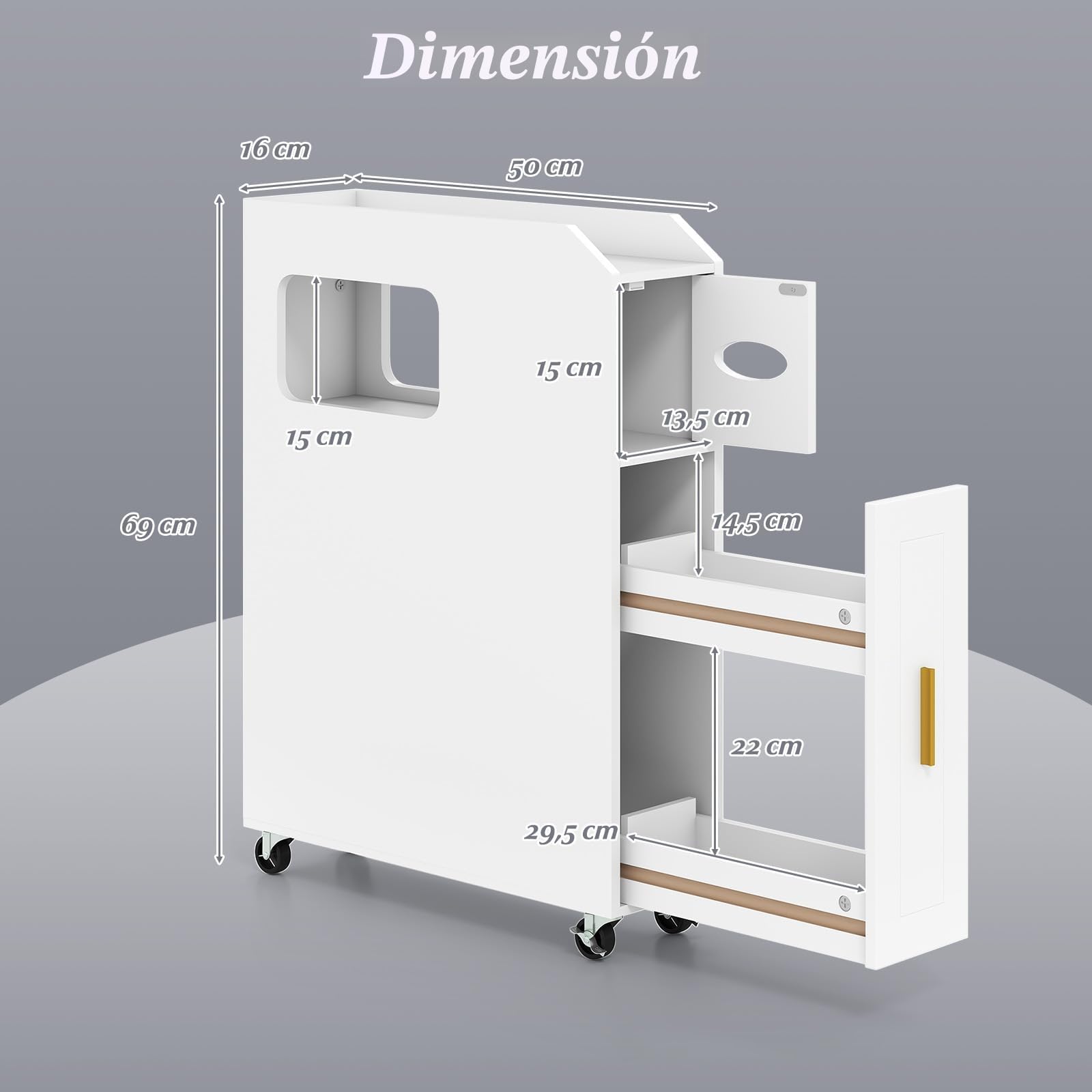 LIFEZEAL - Armario de Baño, 16 cm, Carrito de Almacenamiento Rodante con Soporte de Papel, Portacepillos y Cajón, Pequeño Organizador para Lavandería, Sala de Estar, Cuarto de Baño (Blanco)