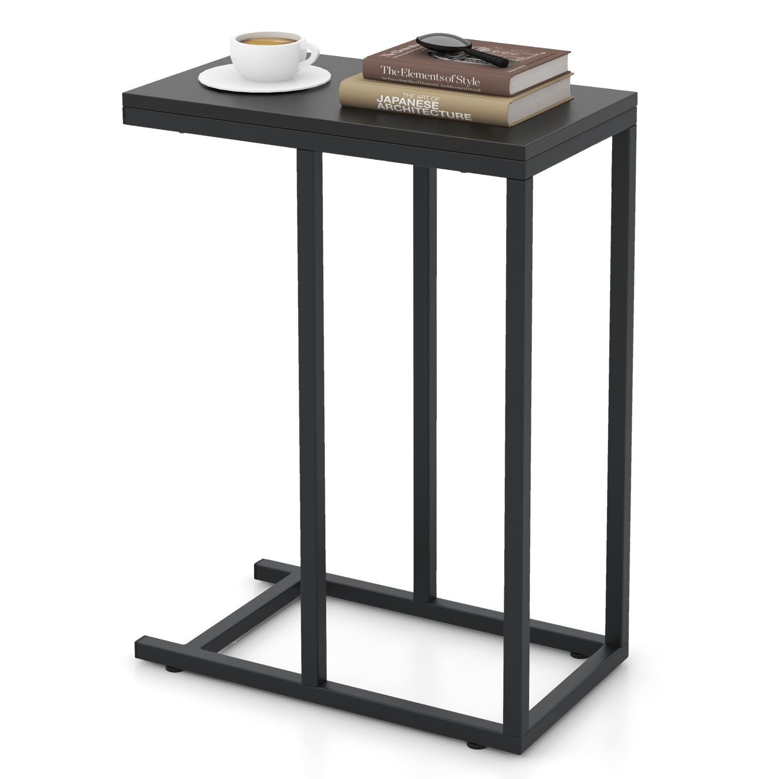 COSTWAY Tavolino a Forma di C per Divano e Letto, Tavolino Basso con Struttura in Metallo, Tavolino da Salotto e Camera da Letto, 45,5 x 25,5 x 64 cm (Nero)