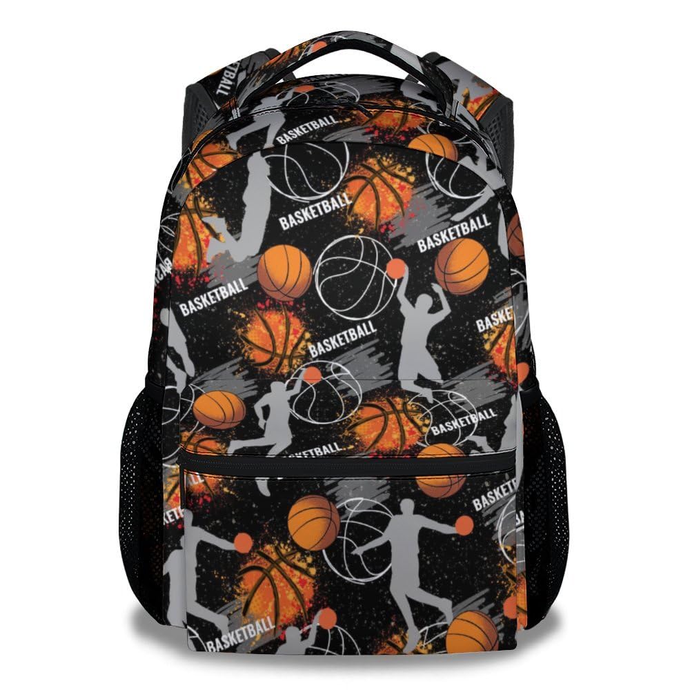 FLEXIMX Basketball Backpack for Boys, 16 Inch Black Backpacks for School, Cute Lightweight Bookbag for Kids