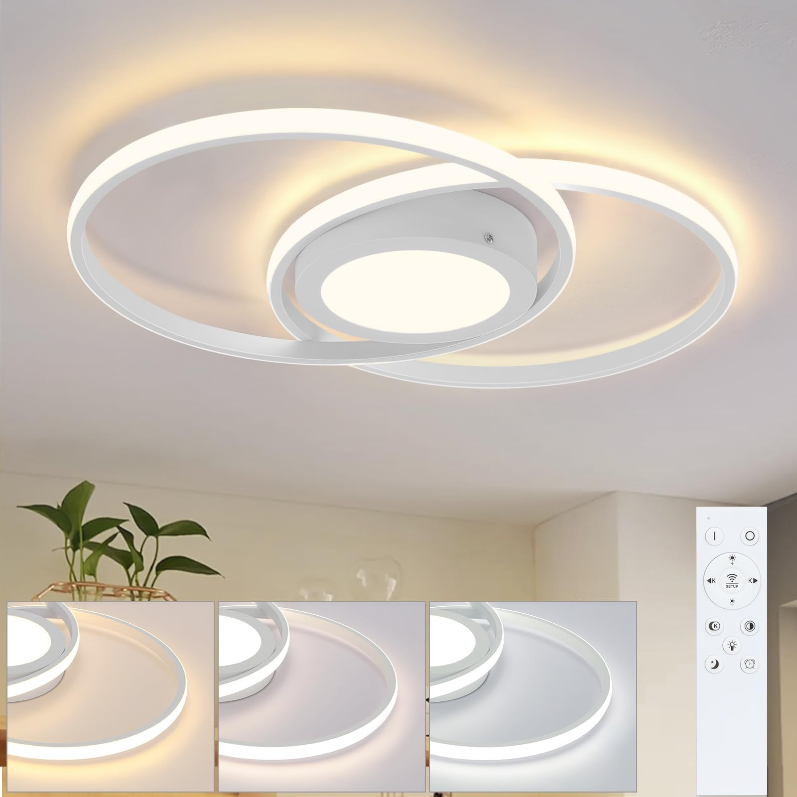 Homefire Deckenlampe LED Deckenleuchte Wohnzimmer - Schlafzimmerlampe Dimmbar mit Fernbedienung 48W Wohnzimmerlampe Weiß 47CM Schlafzimmer Deckenbeleuchtung Modern Küchenlampe für Flur Küche Büro