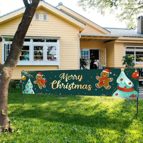Image of Gingerbread Christmas Banner 78.7 x 17.7 Inch Cute Cookie Character and Christmas Tree Design Holiday Decoration for Home Garden Fence Porch or Indoor Wall Display Scene