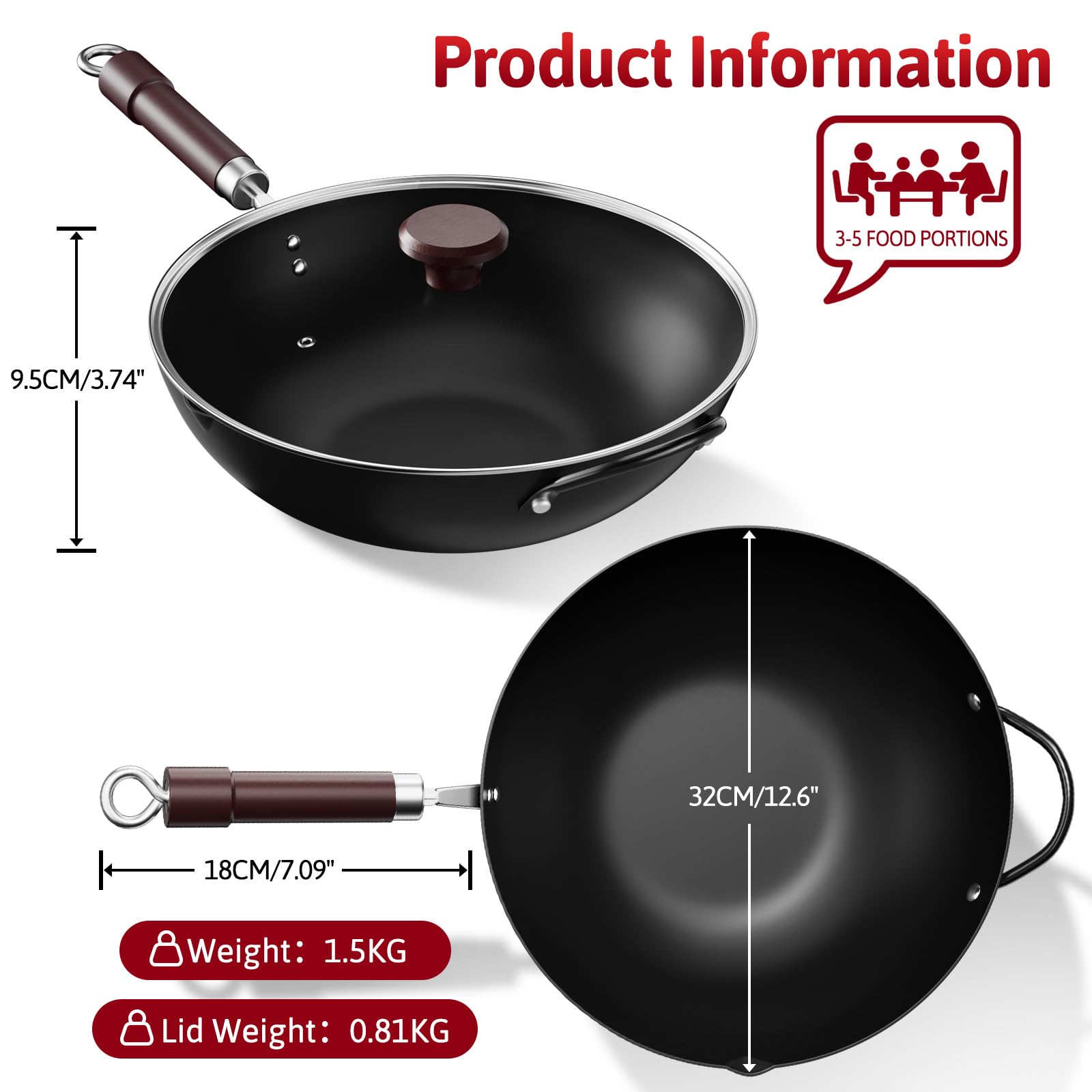 Jobin 32 cm/12,6'' Wok en Acier au Carbone Avec Couvercle, Poignées en Bois et Acier, Permet de Cuisiner des Plats Asiatiques Pour 3 à 5 Personnes - Fond Plat