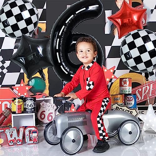 Image of TONIFUL 40 Inch Race Car 6th Birthday Balloons - Racetrack Number 6, Wheel Tire, Black White Checkered, Star - Boys Car Themed Party Decor