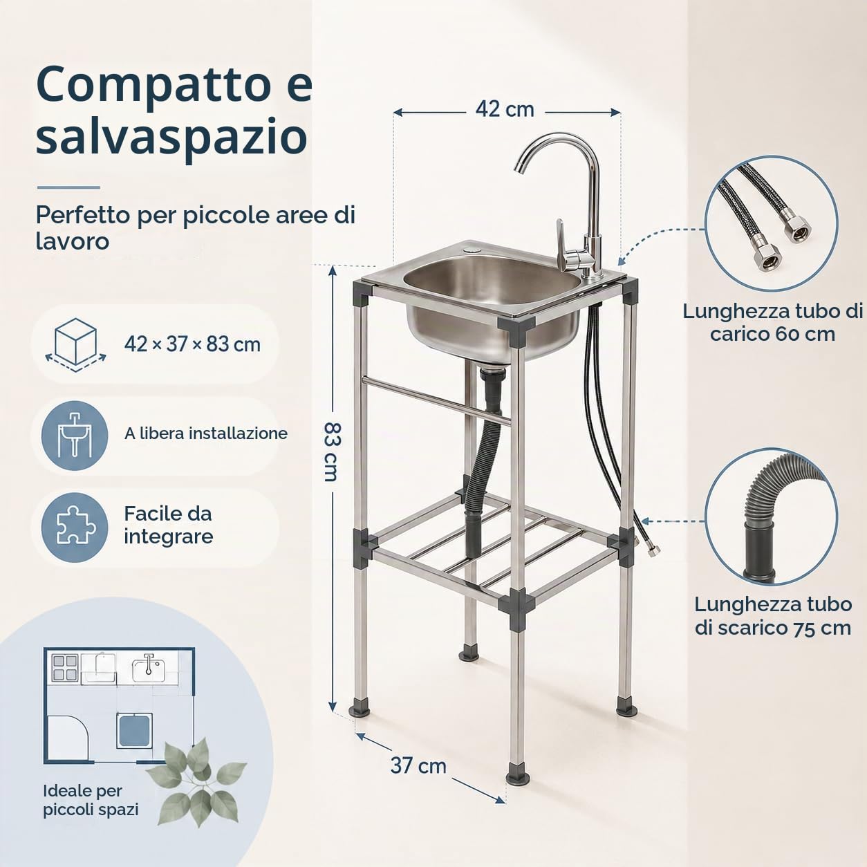 Lavello autoportante in acciaio inox con 360°Rubinetto 42x37x83CM | Portata 60KG, in acciaio inox, per esterni, giardino, campeggio, camper, cortile, fattoria