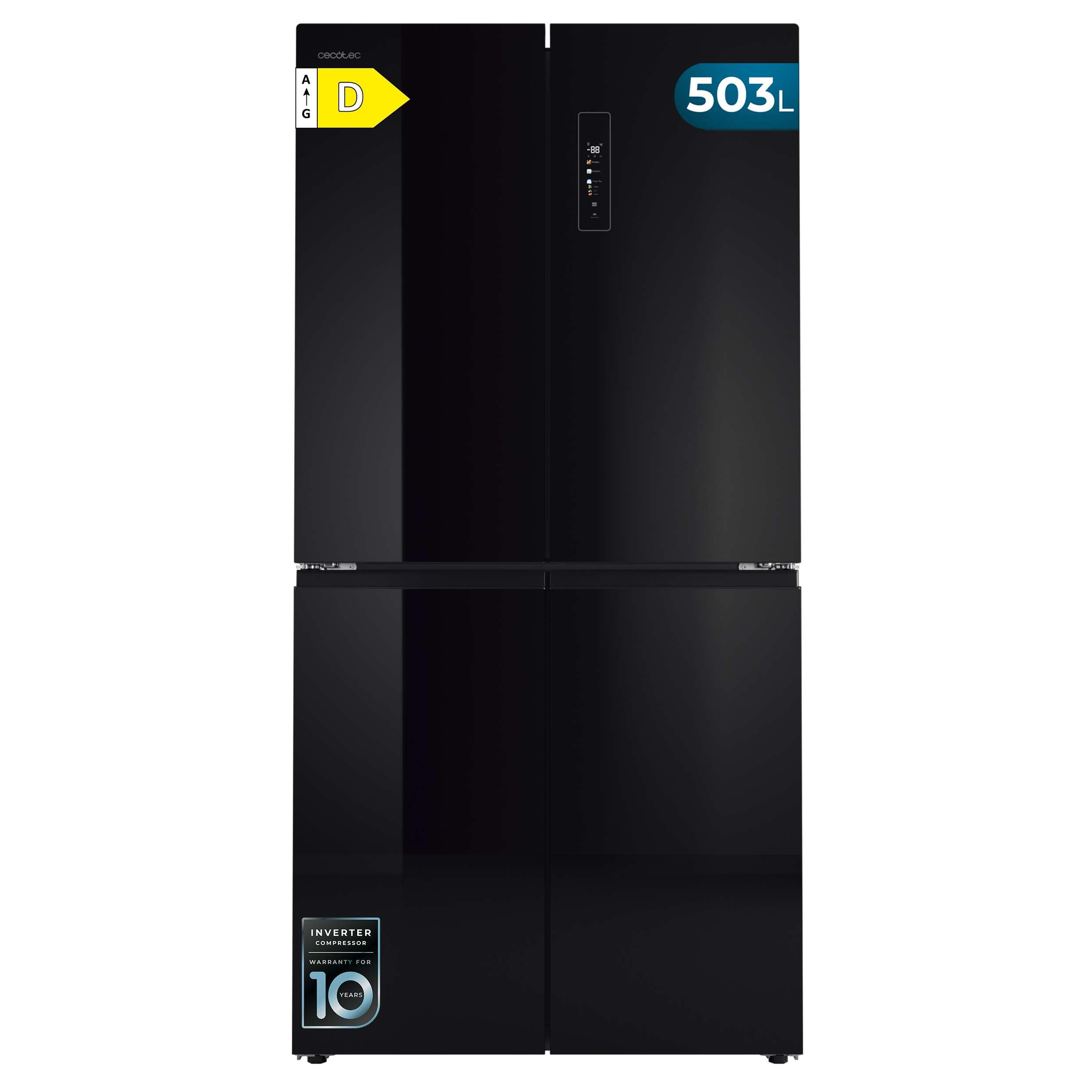 Cecotec Frigorífico Americano 4 Puertas Bolero CoolMarket 4D 503 Black Glass D. 503 L, Altura 177,5 cm, Ancho 85 cm, Total NoFrost, Motor Inverter, Multi AirFlow, Display Táctil