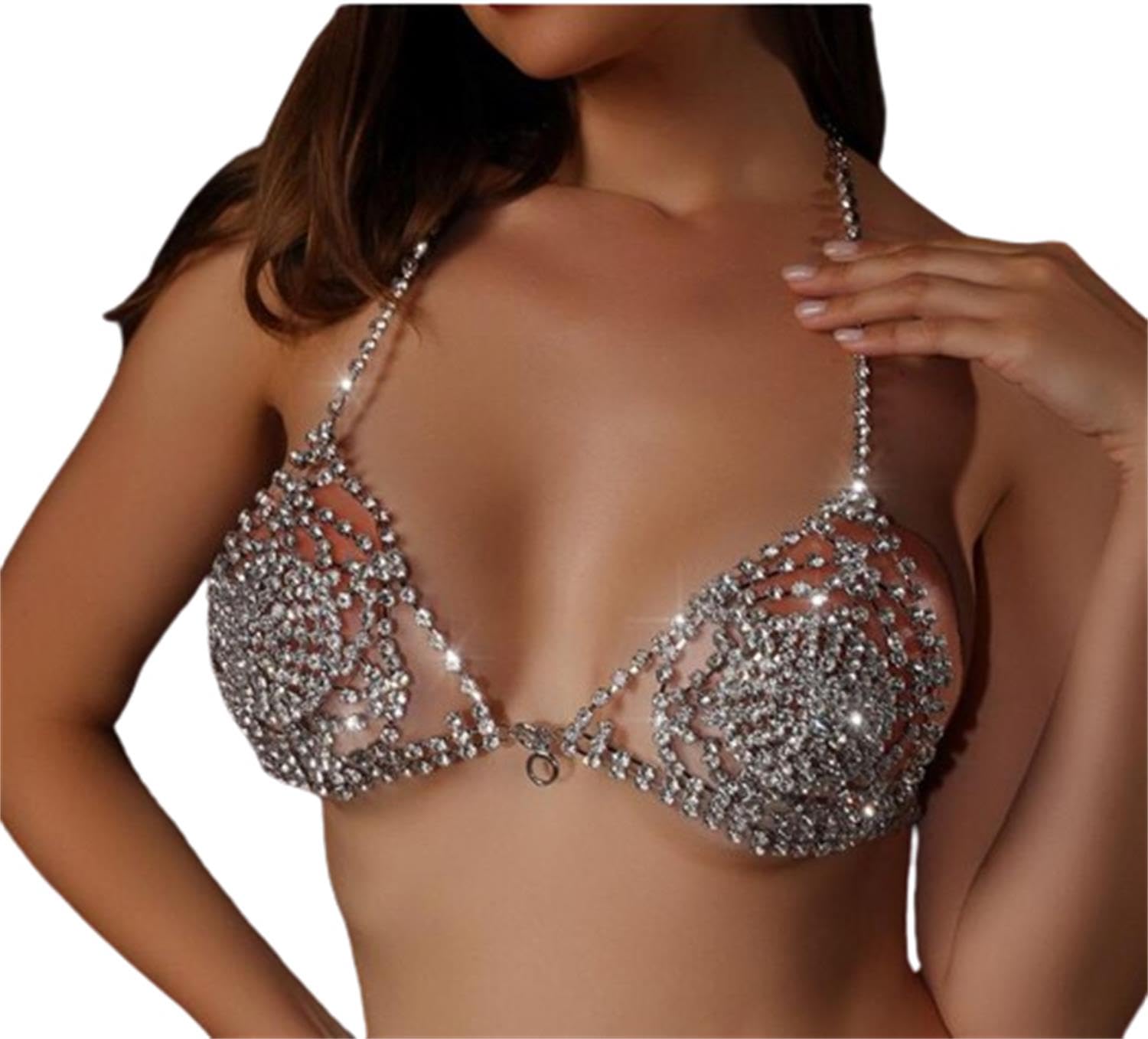 Sexy Diamond Chest Chain Bra Sparkly Rhinestone Body Chain Crystal Bikini Chest Jewelry Lingerie Woman Nightclub Clothing (Gold)