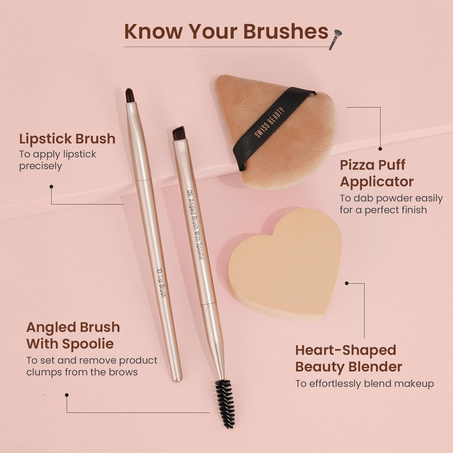 Swiss Beauty Heartistry - Set di pennelli da trucco, 12 pezzi, per viso, occhi e labbra, morbide setole sintetiche, multifunzionali, miscelazioni impeccabili, certificazione PETA, 12 pezzi