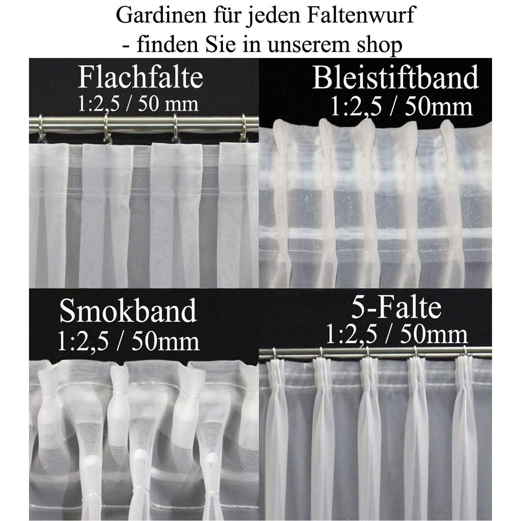 Hochwertige Fertiggardine Voile Store Deko Schal mit Faltenband Bleiband BLEISTIFTBAND 1:2,5/50 mm (größe wählbar), 140 x 450 cm (Höhe x Breite)