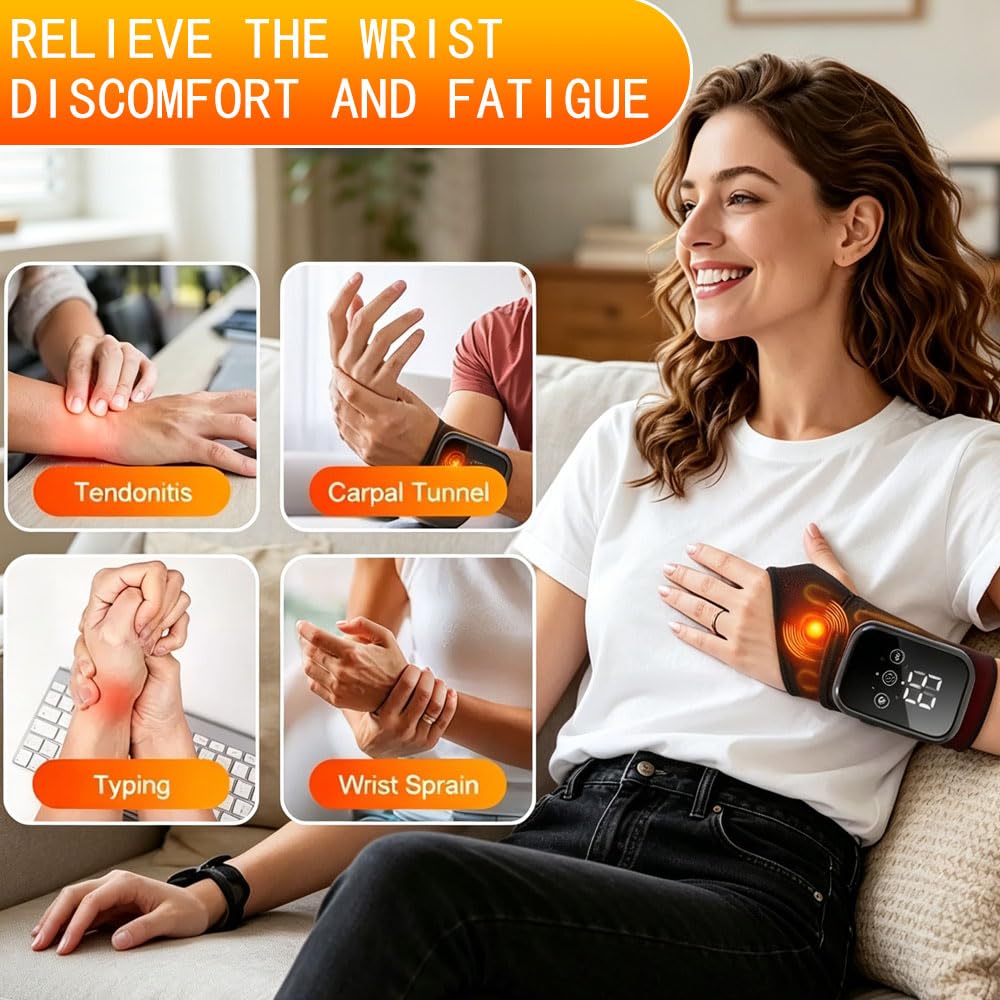 Masseur de Poignet Sans Fil avec Chaleur Vibration, Appareil de Massage pour Poignet Rechargeable, 3 Niveaux de Chaleur et 3 Modes Vibration, pour Relaxation Poignets et Main