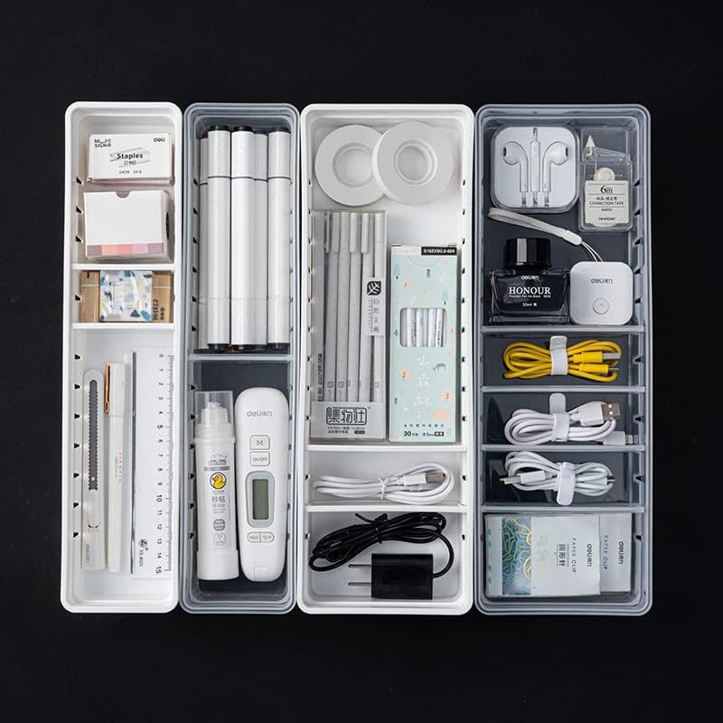 YiMiLiu Desk Drawer Organisers with 2-Size Plastic Makeup Drawer Organiser Storage, Cutlery Utensil Drawer Dividers Cupboard Fridge Organiser for Kitchen Bedroom Office (white)