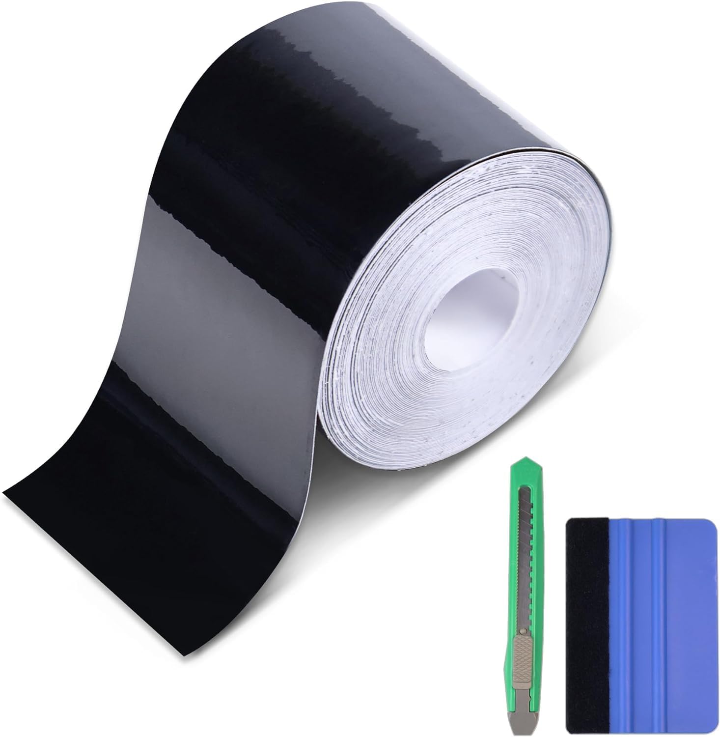 Foneso Zierleisten Folie Schwarz Hochglanz (10cm x 9m), Selbstklebendes Vinyl Folienband ideal für Chrome Delete, Kantenschutz, Türschweller - Universal Lackschutzfolie mit Werkzeug