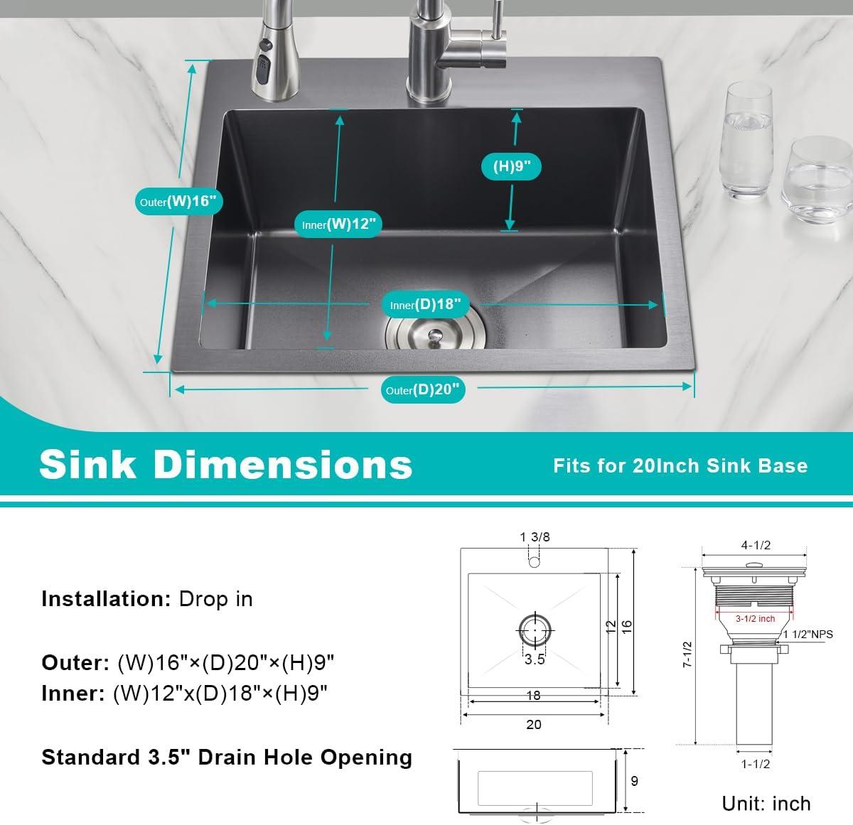 Kitchen Sink Drop in - TSIBOMU 20 x 16 Inch Kitchen Sink Topmount 18 Gauge Stainless Steel Single Bowl Overmount Bar Sink(Black)