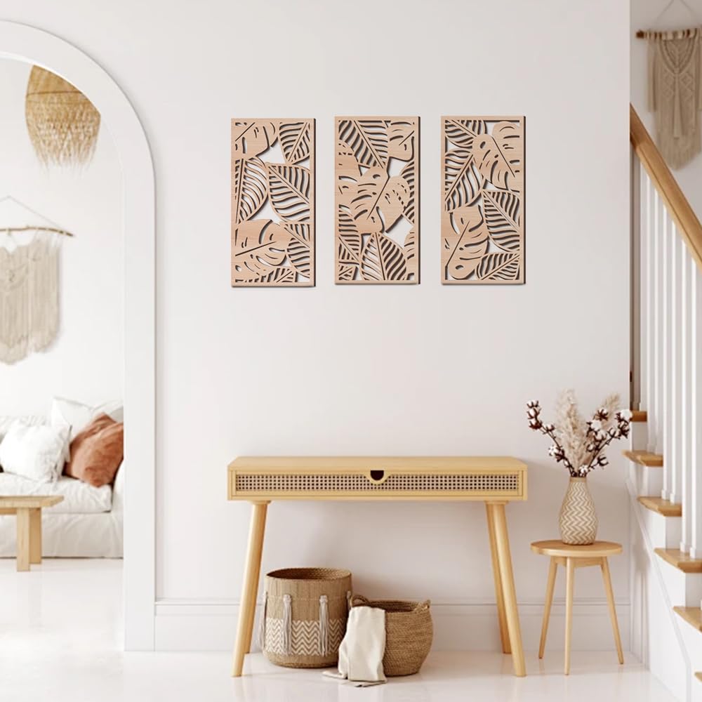 Rongxze Lot De 3 Décorations Murales Bohèmes 40x20cm - Panneaux Bois Feuilles Style Naturel