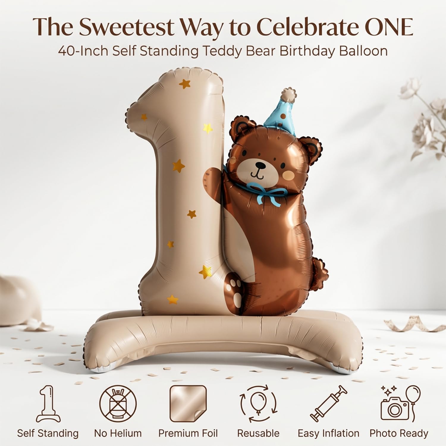 Atpata 40" Teddy Bear Birthday Balloon - #1 Balloon -5