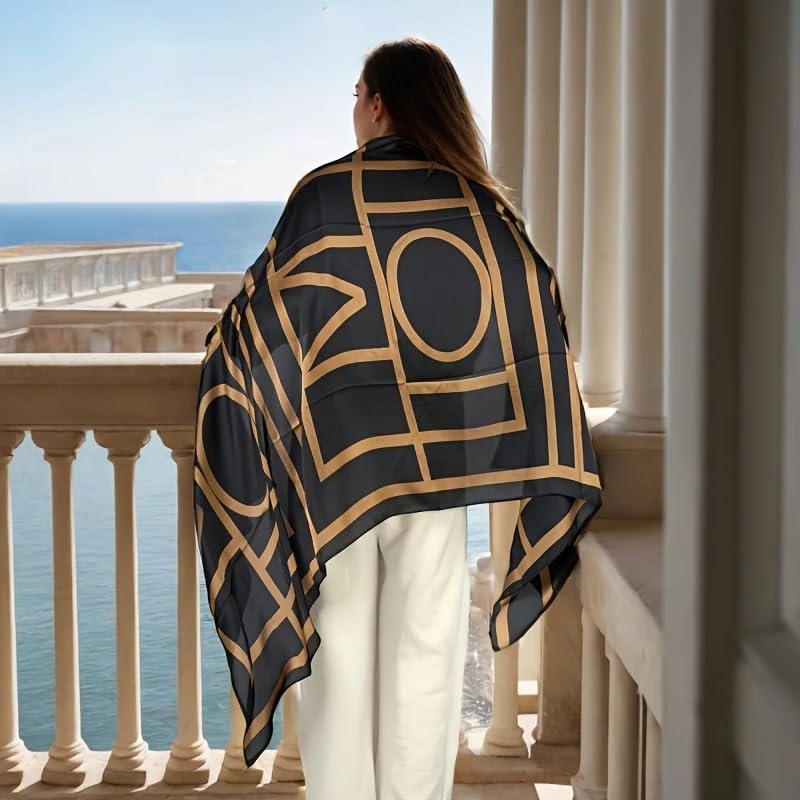 Image of Alexvyan Satin Silk Summer Scarves 170 x 84 cm, Black and Gold Geometric Pattern with Stitched Border, Lightweight Fashion Scarf for Women Sun Protection Stole