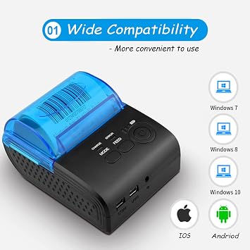 Yoidesu Mini Receipt Printer,58mm Portable Bluetooth Mobile Thermal Printer Compatible with Android VISTA Linux,Bluetooth 4.0 Label Printer (US Plug)