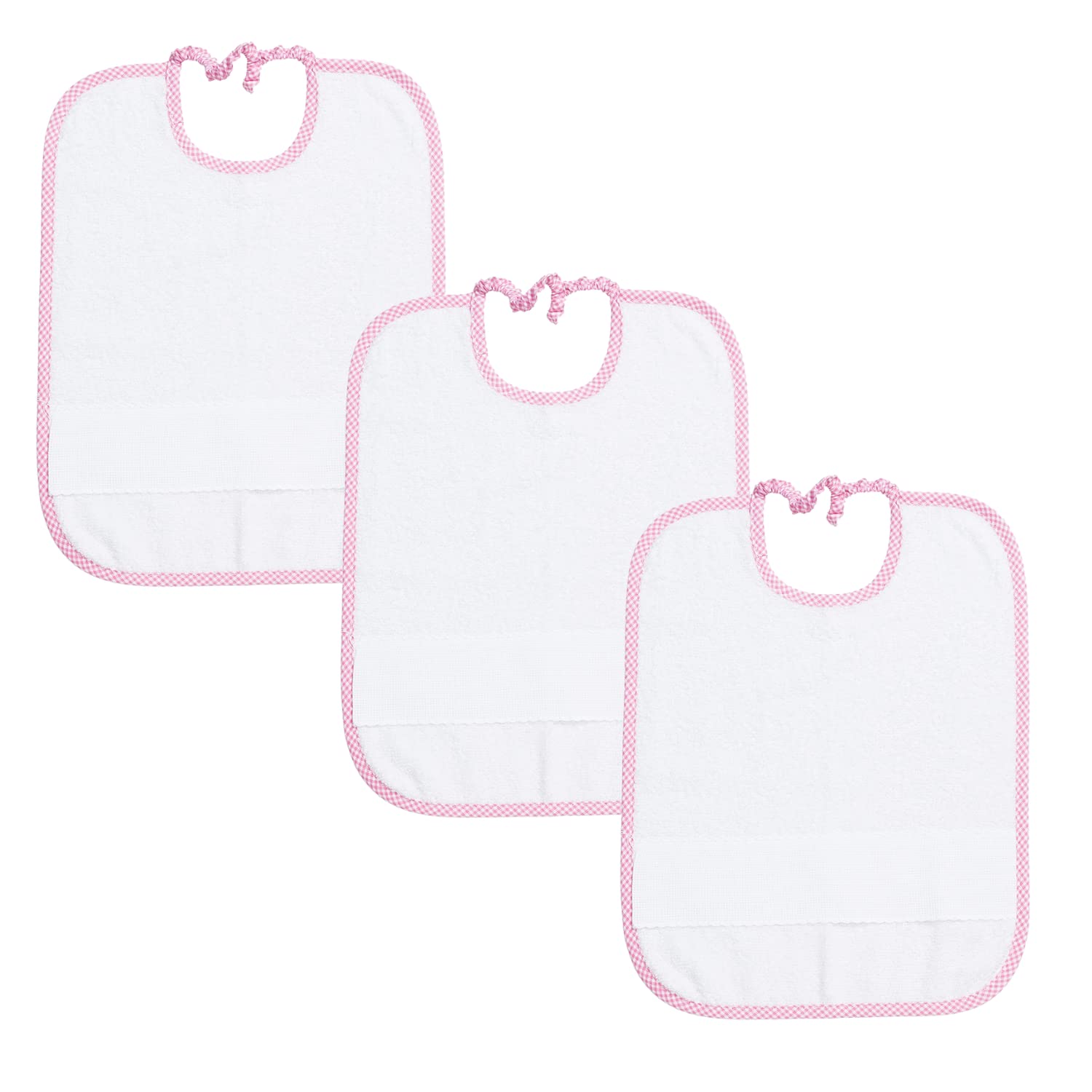 Filet - Set of 3 Baby Bibs with Elastic White Sponge with Aida Fabric to Embroider, Squared Border in Pink Yarn Dyed