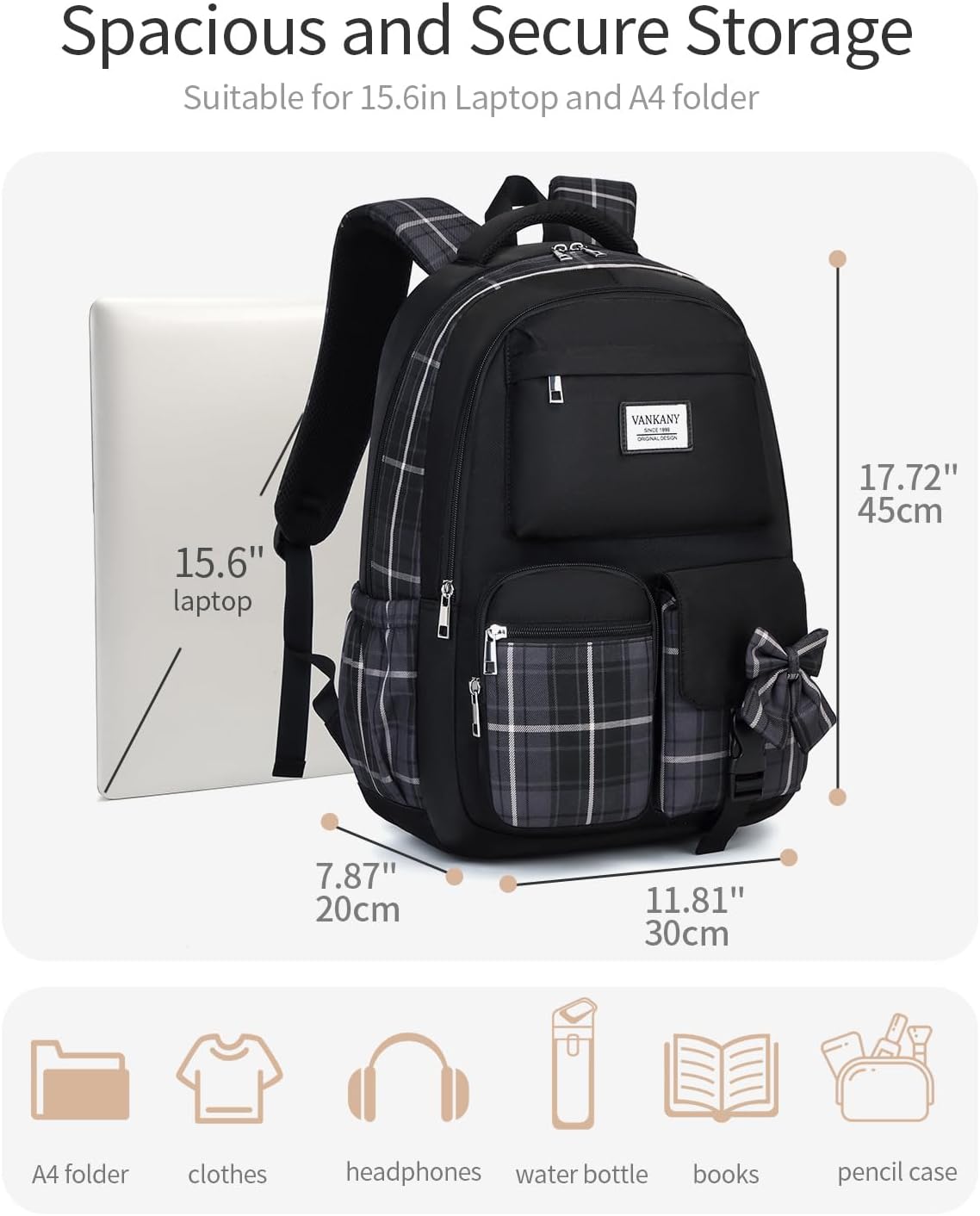 Black Backpack for Girls, Cute Teenage Bookbag for Women Middle School Highschool College Student Mochila Universitaria para Mujer - Image 3