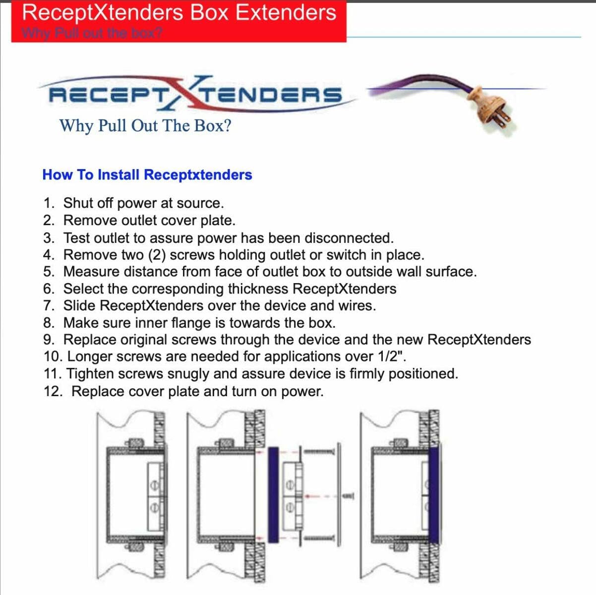 3/4" ReceptXtenders 3-Pack Single Gang, Receptacle Outlet Box Extender with Screws UL Listed, Mud Ring by WGDEPOT