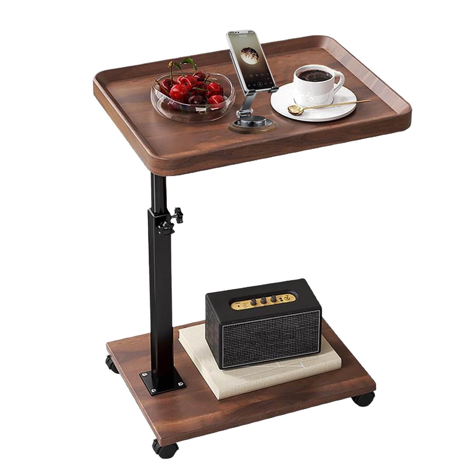 Mesa lateral ajustable con ruedas, altura 45-80 cm, tablero DM efecto madera de nogal, giratoria 360°, estructura de metal resistente, para sofá, cama, sillón, lectura, trabajo, bebidas