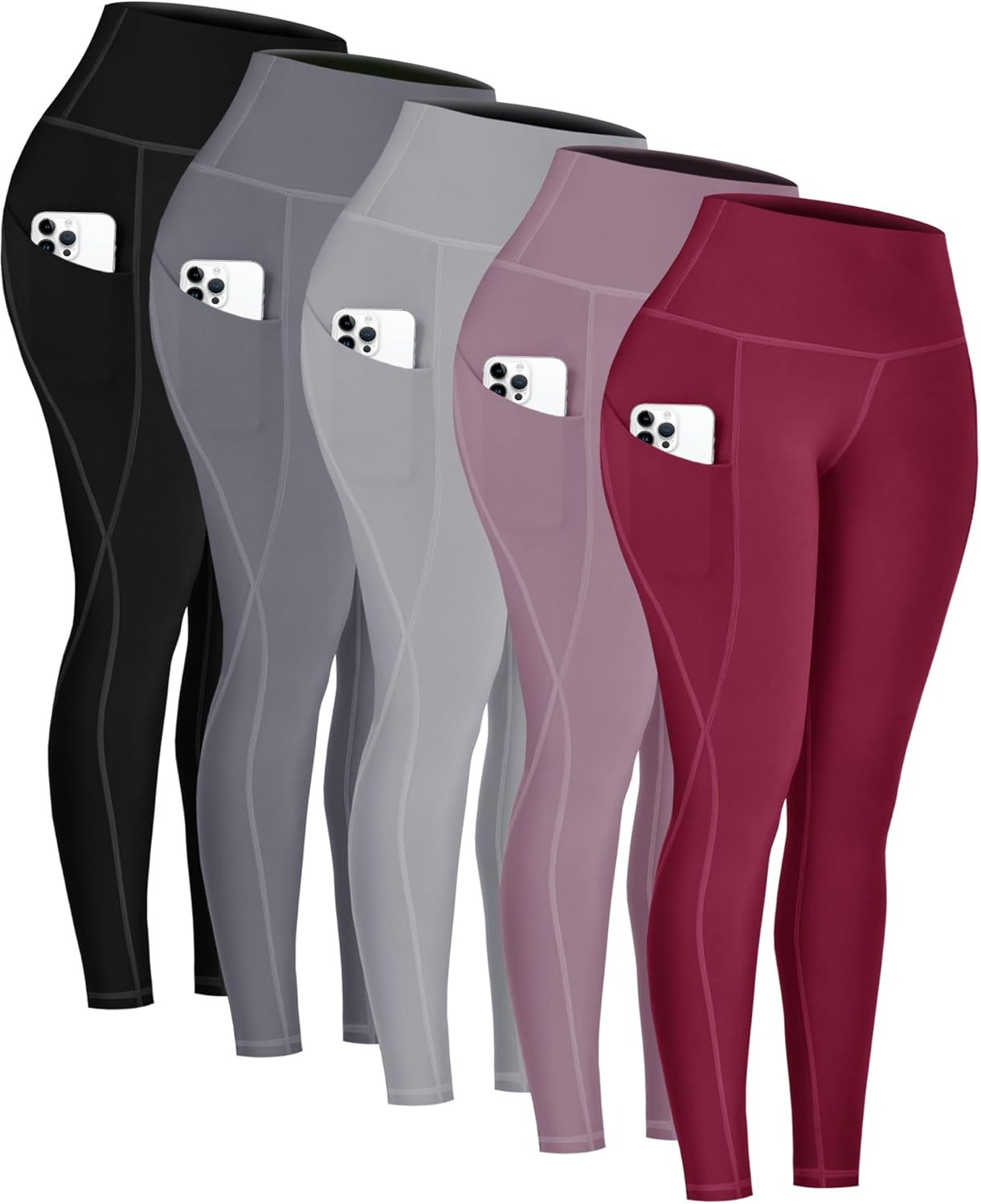 5 Pack Leggings with Pockets for Women - High Waisted Tummy Control Workout Gym Yoga Pants 5 Pack, Black/Grey/Gray/Dark Pink/Wine X-Large