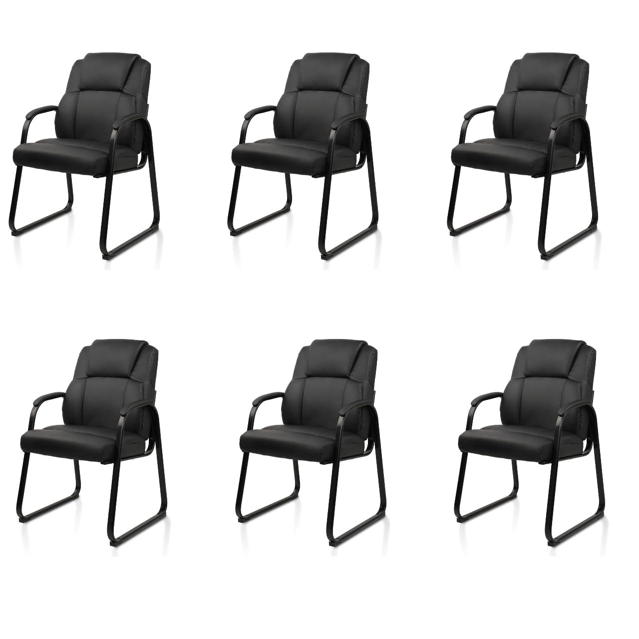 CLATINA Classic Leather Soft Reception Chair with Padded Armrests and Sled Base, Executive Guest Chair for Office Computer Desk Conference Waiting Meeting Room, Black (6 Pack)
