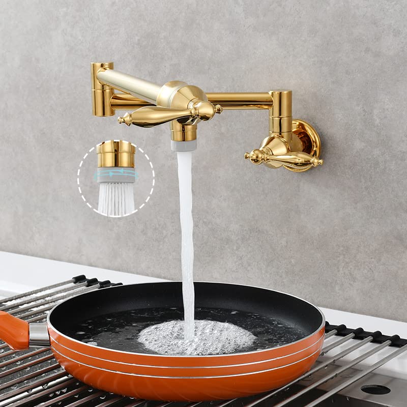 Solid Brass Antique Wall Mounted Folding Faucet Double Switch Foldable Kitchen Sink Pot Filler Faucet Titanium Gold (Dual Function Nozzle)