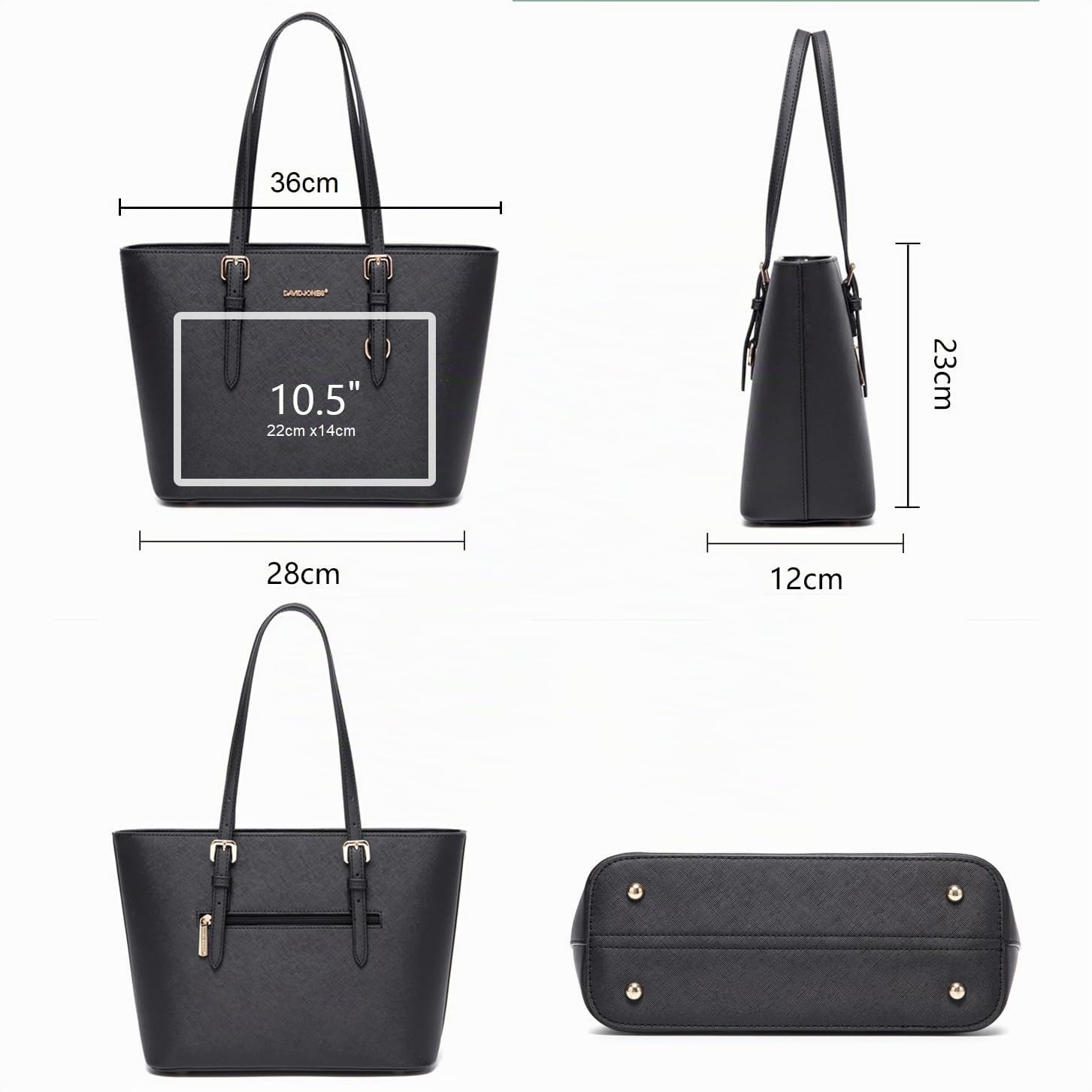 David Jones - Damen Shopper Handtasche Mittelgroße - Schultertasche Tote Bag PU Leder - Tasche Alltag Büro Arbeit Schule Reise Shopping - Klassische Arbeitstasche Elegante Mittlere Große - Schwarz