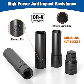 Dynofit Spline Lug Nuts Socket Set (10Pcs) with 1/2 Drive Impact Square End for Spline & Hex Wheel Lock Removal - Fits 5,6,7,10,12 Point Tuner Lug Nuts