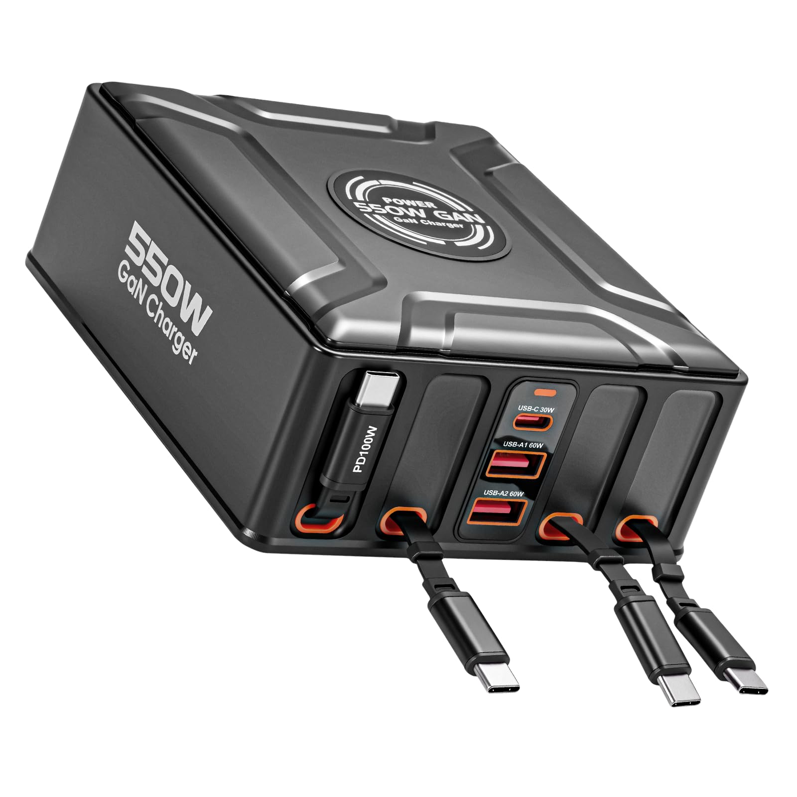 Caricatore USB C 7 in 1 e 550 W, 4 cavi retrattili USB-C da 100 W + caricatore rapido per laptop a 3 porte, alimentatore multiplo GaN, caricatore PD compatibile con MacBook, iPhone 17/16/15, Galaxy