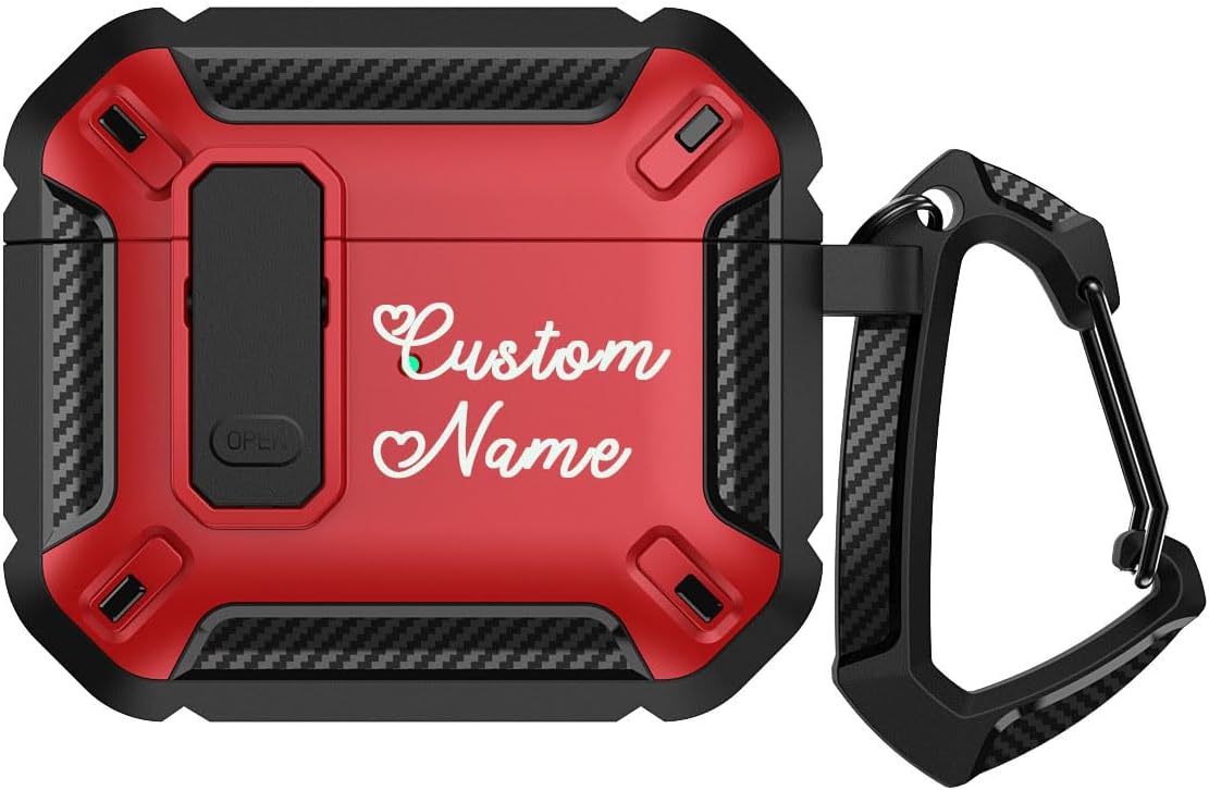 Custom Case for AirPods Pro 3 2025 with Secure Lock & Keychain for AirPods Pro 2/Pro/4/3 Customized Personalized Name Initials Text Cover Military Hard Shockproof Shell Gift for Men Women,Red