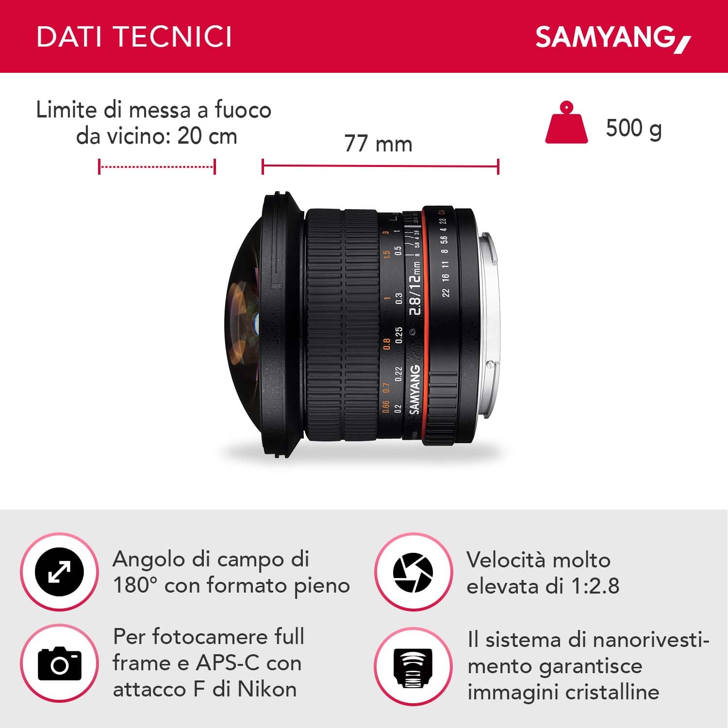 Obiettivo Samyang Fisheye per Nikon AE 12mm F2.8 ED AS NCS nero