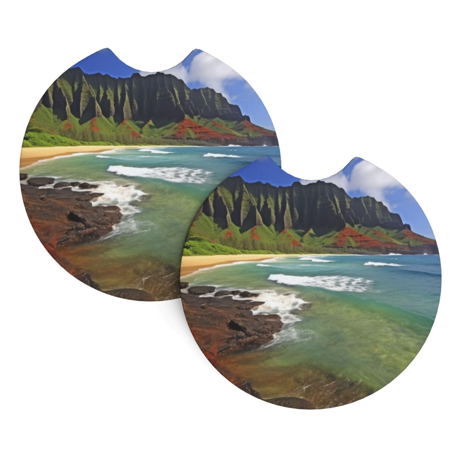 2PCS Car Coaster for Cup Holders Universal Auto Cup Mat Kauai Hawaii Seashore Cup Coaster Pad 2.7" Waterproof Neoprene Non-Slip Cup Holder Coasters Car Interior Accessories for Women Men
