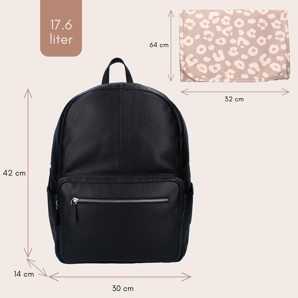 Vadobag Schwarzer Baby Wickel-Rucksack | Echt Leder | mit Wickelunterlage