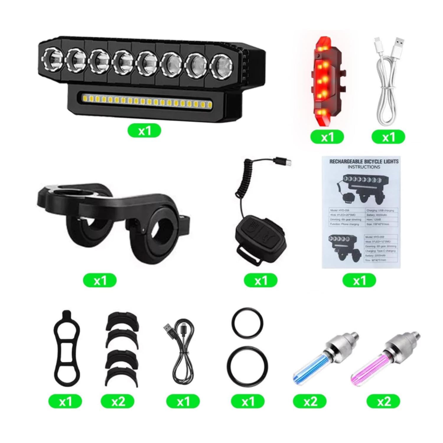 Set di Luci per Bici Ricaricabili con 11 Modalità Illuminazione Funzione Bank da 4000mAh Campana 130dB IP65 Perline LED Ultra Luminose Ciclismo e Attività