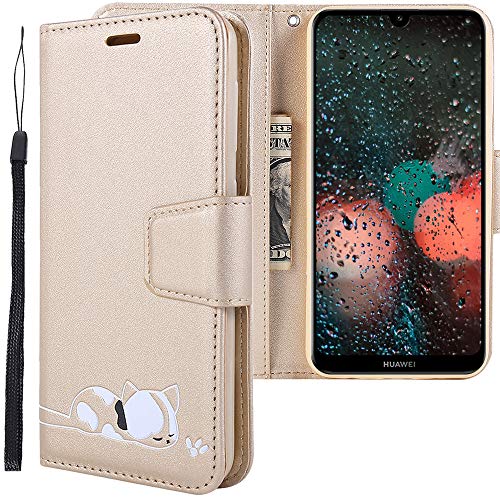 CLM-Tech Coque Compatible avec Huawei Y7 2019 - Portefeuille en Cuir synthétique avec Support et Cartes Compartiments, Chat Or