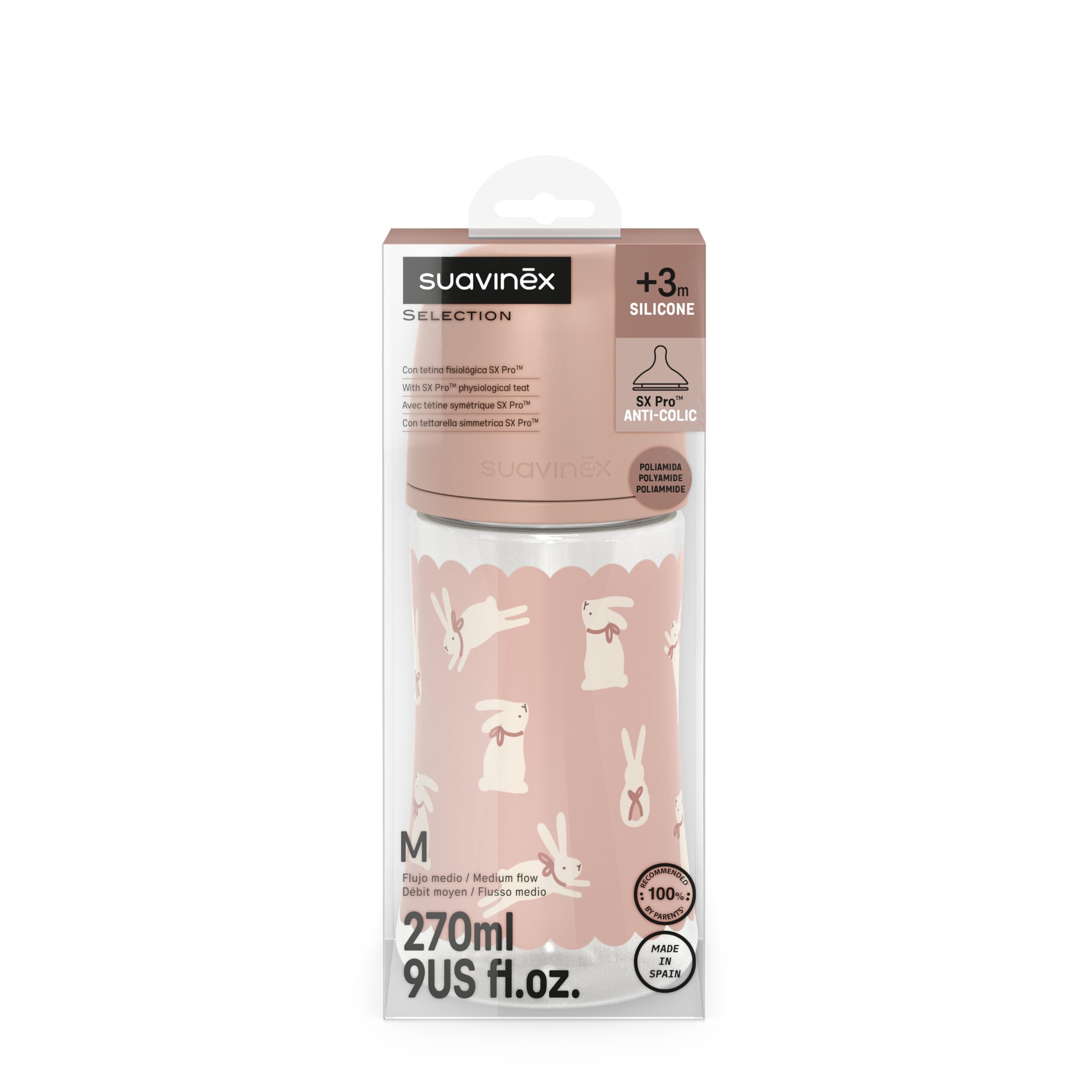 Suavinex, biberon da 270 ml con tettarella SX Pro in silicone, con valvola anticoliche, a flusso medio (M), per liquidi a media densità, latte, succhi di frutta o acqua, Neonati +3 mesi. Wonder Rosa