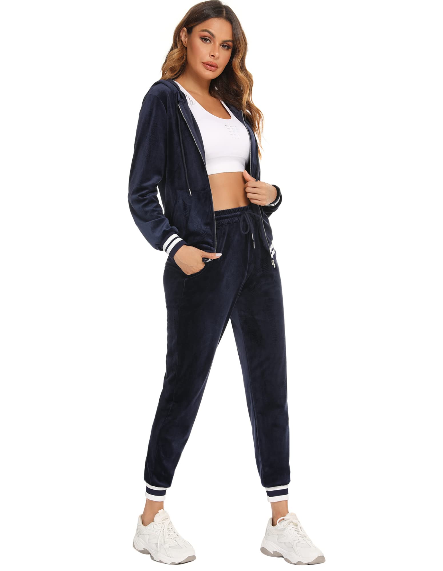 Survêtement Ensemble Velours Femme à Capuche Zippés Sportswear Sweat Manche Longue Pantalon Jogging Tennis Gym Yoga Vêtements de Fitness