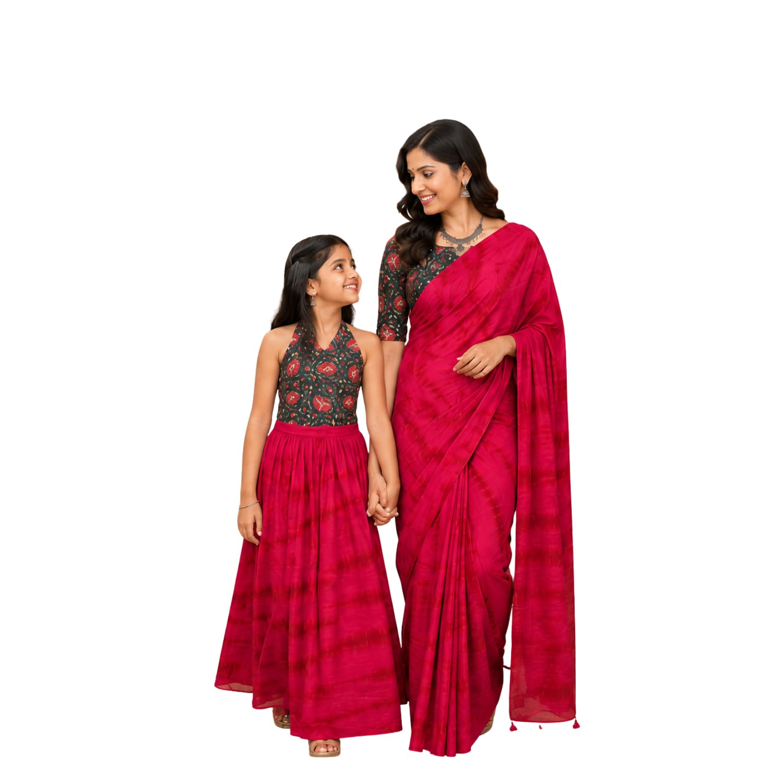 Mom & Daughter Matching Ready-to-Wear Saree & Ethnic Wear Combo | Cotton Tie & Dye | Adjustable Waist | 30 Sec Easy Drape | Festive Twinning Outfit | Crimson Red Royal Blue-image-43