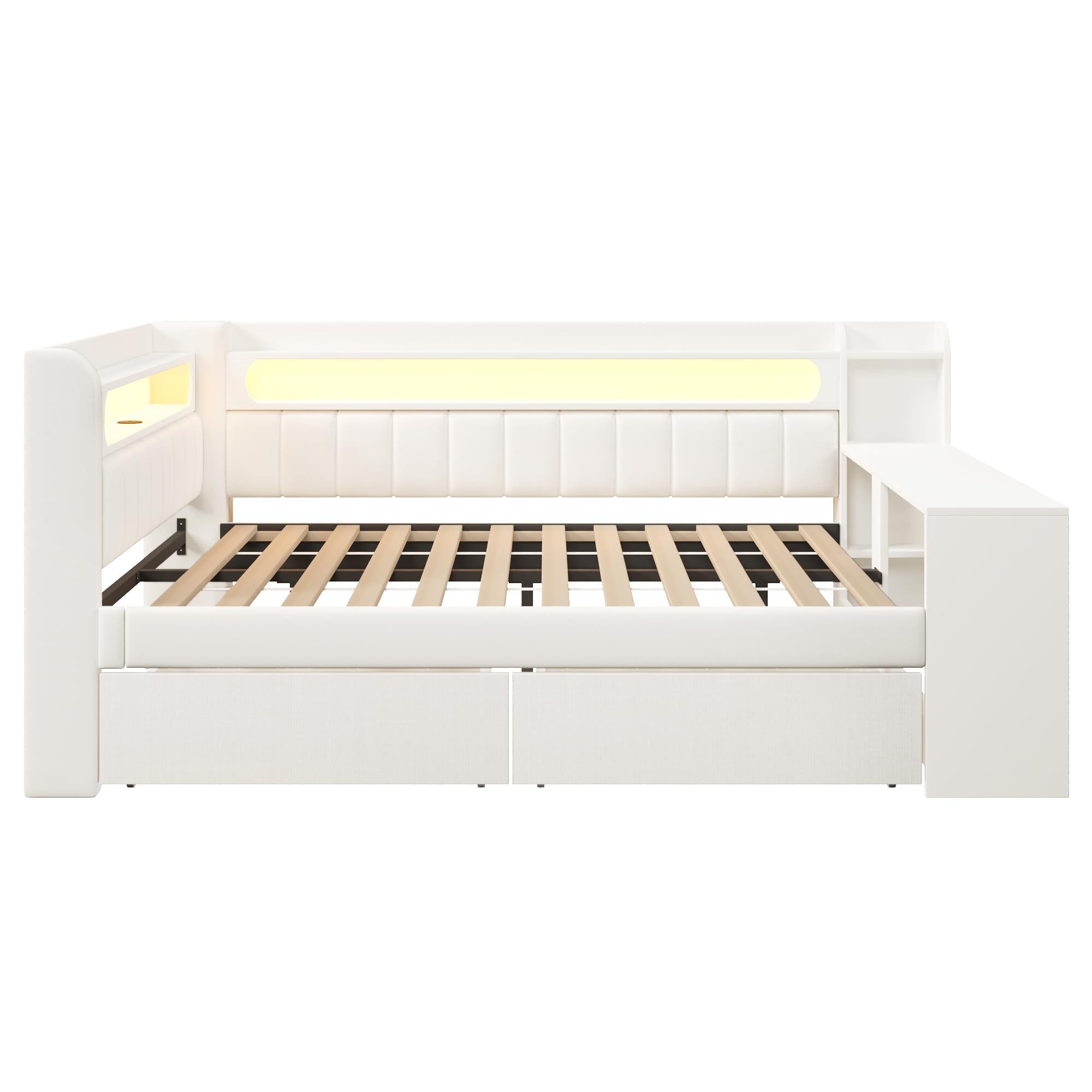 Dolamaní Łóżko młodzieżowe 140 x 200 cm, z USB i LED, łóżko dzienne z biurkiem i wyściełanym zagłówkiem, rama łóżka podwójnego ze stelażem, łóżko dziecięce z miejscem do przechowywania, bez materaca