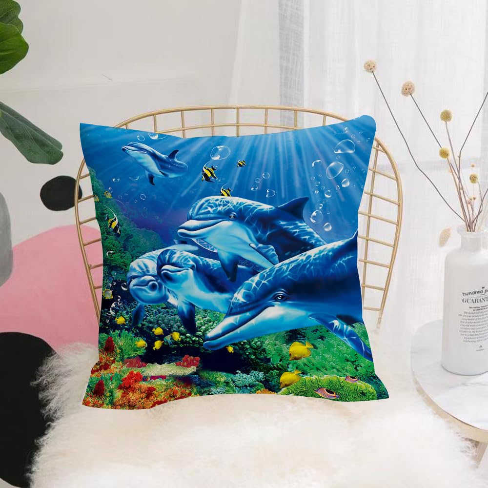 HYOSXW Cushion Cover,Throw Pillow Case Home Decorative for Living Room Bedroom Sofa Chair 16X16 Inch,Marine life, deep sea dolphin among corals,Pillowcase 40X40cm