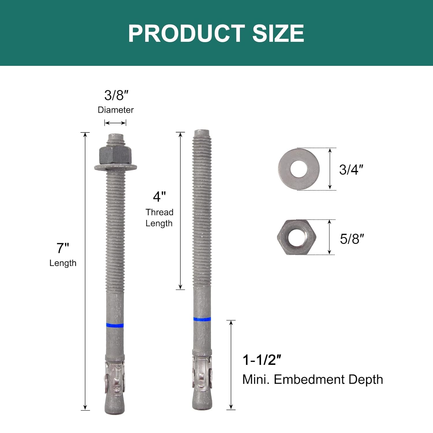 3/8" x 7" Concrete Anchors (50 Pack) Wedge Anchors Bolts, Hot Dip Galvanized