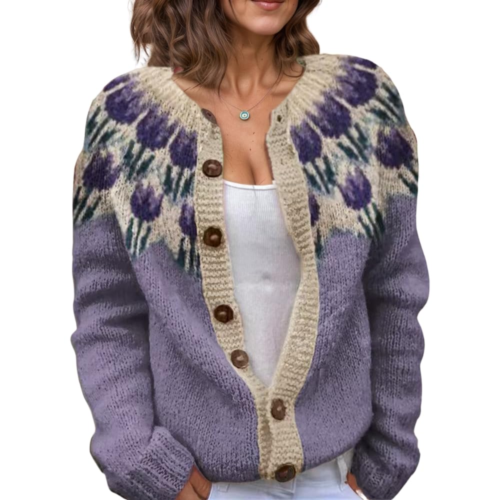 Akivide Womens Fair Isle Floral Print Knit Cardigan Sweater Fall Winter Vintage Button Down Colorful Open Front Jacket