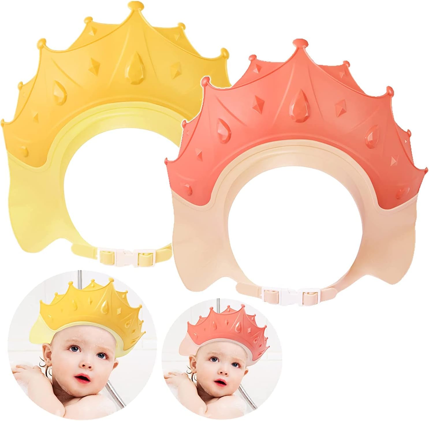 ViiTang2 Pack Baby Shower Cap Shield, Shower Cap for Kids, Visor Hat for Eye and Ear Protection for 0-9 Years Old Children, Cute Crown Shape Makes the Baby Bath More Fun (Yellow+Pink)