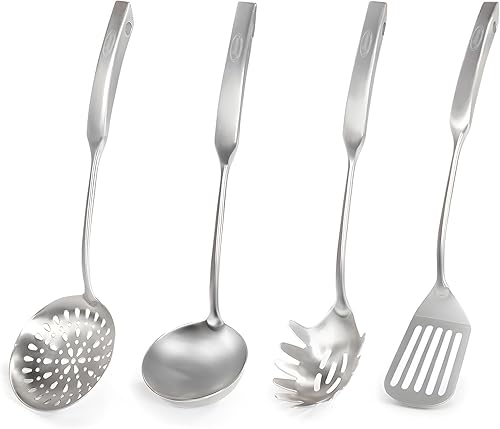 Newness - Juego de 4 utensilios de cocina de acero inoxidable 304, accesorios de cocina de metal, incluye cucharón de sopa, cuchara espumadera